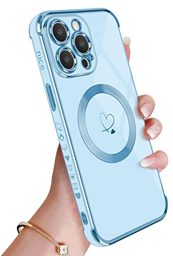 Newseego Magnetic Case for iPhone 14 Pro Max[Compatible with MagSafe],Flexible Soft Silicone Protective Phone Case with Cute Love Heart Pattern Gold Shockproof Bumper Cover for iPhone 14 Pro Max-Blue
