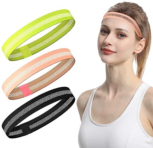 LOPHE Sport Haarband, 3 Stück Elastische Stirnband Damen und Herren, Dünn Schweißband Stirn Double Sided Feuchtigkeit rutschfest Headband, Haarbänder für Yoga Laufen Fußball (Schwarz+ Rosarot+ Gelb)