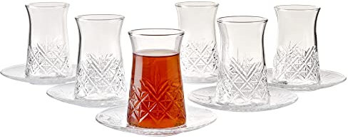 Pasabahce Set di 12 bicchieri da tè turco in cristallo, 6 tazze e 6 piatti, perfetti per tea party, regali, inaugurazione della casa, matrimoni, anniversari