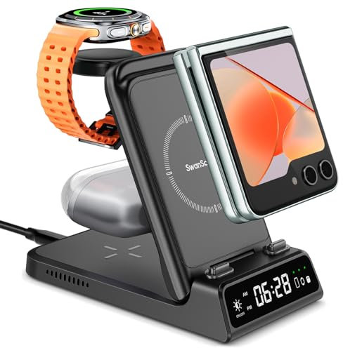 SwanScout Wireless Charger for Samsung Z Flip 7/7 FE/Watch 7/Ultra, 3 in 1 Charging Station for Galaxy Flip7/6/5/4/3/2, Galaxy Watch 7/Ultra/6/5/4/3, Galaxy Buds 3/3 Pro, SwanScout 703F (No Adapter)