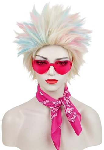 Damen Kurze Blond Perücke mit Brille und Bandana, TOMIGO Rosa und Blau Highlight Perücke für Halloween Karneval Kostüm