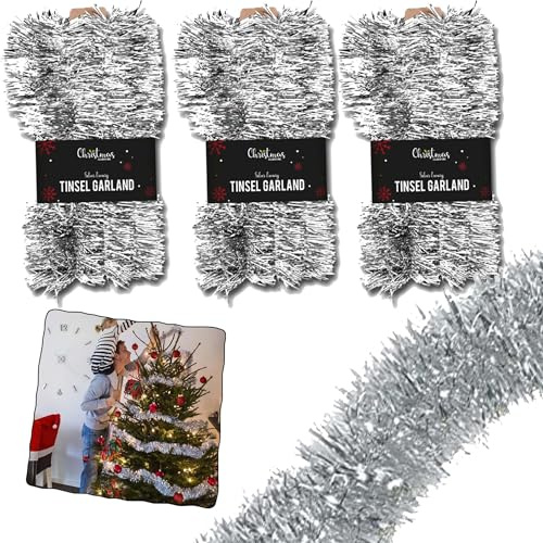 Ghirlanda decorativa argentata da 15 m, decorazioni per albero di Natale metallizzate e lucide, per interni ed esterni, per feste, decorazione natalizia da parete e soffitto, riutilizzabile, ornamento
