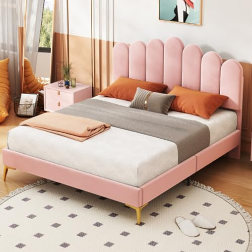 Tcewhhy Lit Capitonné avec Tête De Lit Et Sommier À Lattes Lit Double 140 X 200 Cm Lit D'adolescent pour Adultes Adolescents Lit D'appoint pour Chambre Chambre d'amis Cadre De Lit Rose