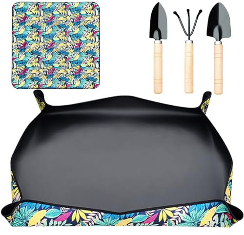 Tefola Pflanzen-Umtopfmatte, 100 x 100 cm, faltbare Pflanzen-Umpflanzmatte + 3 Gartenwerkzeuge, Umtopfmatte für Zimmerpflanzen, Gartengeräte umfassen: Schaufeln, Spaten und Rechen
