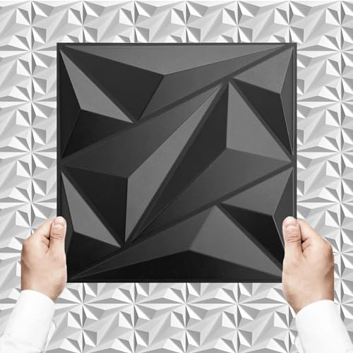 I K H E Malarka 12 Stück - 1,08m², 3D Paneele PVC Kunststoff Wandpaneele Gaming Zimmer Wand Decke Schlafzimmer TV-Wand 30x30cm (Schwarz D137-1)