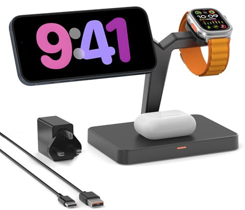 GEEKERA 3-in-1 Charger Stand for Magsafe: Wireless Magnetic Charging Station for iPhone 16/15/14/13/12 Pro Max/Plus/Mini, Apple Watch 10/Ultra 2/9/8/7/6/5/4/3, Air Pods 4/Pro/3/2-Black