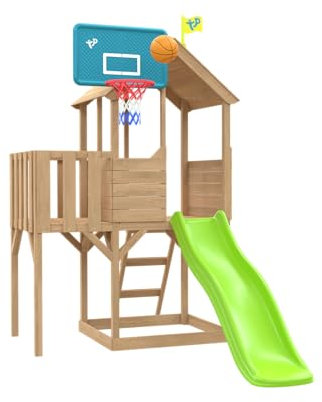 TP Toys - Treehouse Wooden Play Tower, With Panel Kit, Balcony, Wavy Slide With Slide Lock & Swing Arm. Two-storey Wooden Playhouse, Lookout Deck, Made From FSC Certified Wood - Age 3 Years+