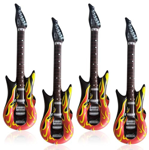 LEOEASIY 4 Stück Aufblasbare Gitarre Aufblasbare Flammen Gitarre Gitarre Aufblasbar Thema Party Aufblasbare Gitarre Requisiten Aufblasbare Rockinstrumente für Karneval Rock Party (90cm)