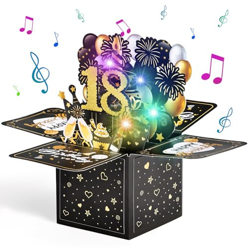 Joyoldelf 18 Geburtstagskarte mit Musik - 18. Geburtstag Pop Up Karte mit Lichtern und interaktiven Kerzen, Geschenk Geburtstagskarten für Mädchen und Junge, 3D Grußkarte Geburtstagsgeschenk