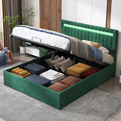 KeepGoon Stauraumbett 160x200,Doppelbett,Polsterbett mit Bettkasten,LED Beleuchtung,Grüner Samt,Stauraum,Verstellbare Höhe Kopfteil,Jugendbett,vertikales Muster,Hydraulic Metal Frame