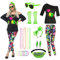 TOLOYE 80er Jahre Outfit Damen, Kostüm 80er Jahre Hippie Kostüm mit Hippie Oberteil Hosen 80er Jahre Accessoires, Kostüm Damen Fasching, 80er Kostüm für Karneval Neon Party Outfit