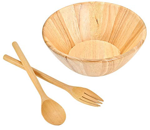 AeraVida Aesthetic Kitchen Salad Bowl with Mixer Spoon and Fork Rain Tree Wooden Set | Wooden Serving Salad Bowls with Serving Spoons | Swell Salad Bowl