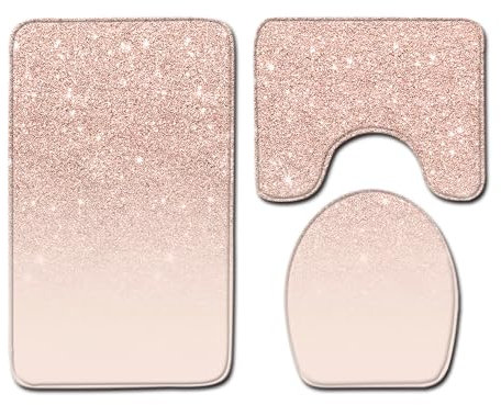 Bad Teppiche Set 3-Teiliges Rosa Elegant WC Vorleger Mit Ausschnitt Badematte Saugfähig WC Deckelbezug Badvorleger rutschfest Waschbar Toilettensitzbezug Badgarnitur (50x80cm)