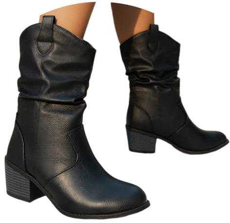 shownicer Stivaletti Corti alla Moda Pelle Scamosciata da Donna Stivali da Cowboy Autunno Inverno Moda Tacco a Blocco Stivali Corti Camoscio Stivali Casual a Tubo Medio C Nero 38
