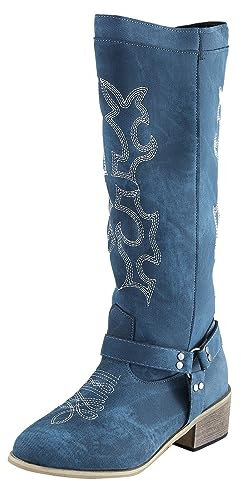 Stivali Estivi Donna Tronchetti Donna Stivaletti Stivali Pioggia Donna Stivali Gambale 40cm Toe Caldo Heel Vintage Shoes Ricamare Zipper Boots Donne Rotondo Tenere Boots Stivali da Donna (Blue, 41)