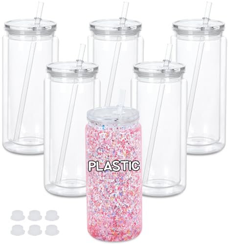 Maucircol 20 Oz Plastic Snowglobe Tumbler, 6 Pack Pre-Drilled Double Wall Acrylic Snow Globe Cup, Plastic Clear Cup for Snowglobe, with Clear Lid