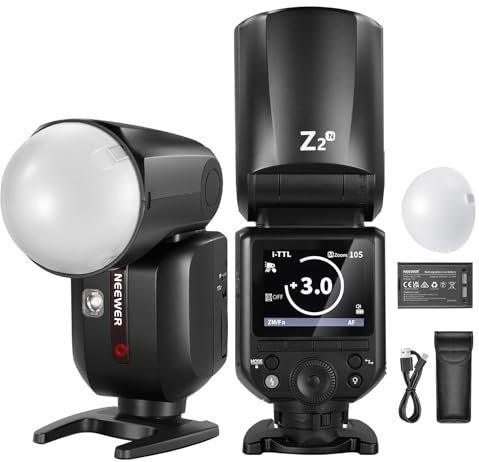 NEEWER Z2-N Flash Speedlite TTL Rotondo 2,4G Compatibile con Nikon, 76Ws HSS 1/8000s con Diffusore, 2 Lampade Pilota, Nuova UI, Tasto di Commutazione TTL/M, Batteria 3000mAh, 600 Flash a Piena Potenza