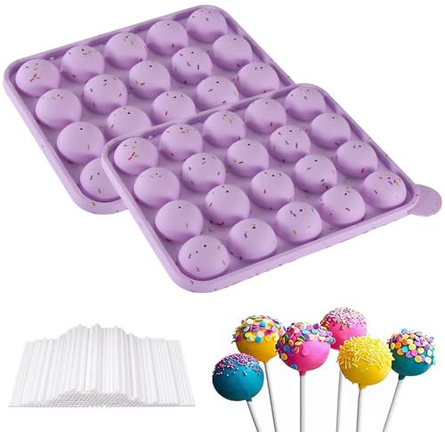 Puedno Cake Pop Silikonform, 20 Runde Cake Pop Form mit 100 Cake Pop Sticks, Lollipop Silikon Form Backform für Süßigkeiten Cupcakes Gelee, Lila