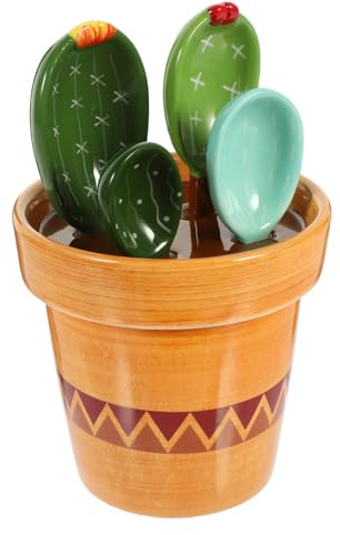 Amosfun 4pcs Ceramic Measuring Spoons Set with Base, Creative Cactus-Shaped 4 Graduated Measuring Spoons Set for Kitchen Liquid, Food, Salt, Sugar
