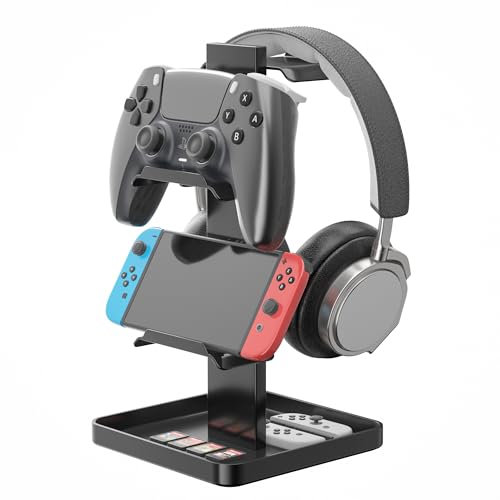 Josmimic Upgraded Headphone Stand & Controller Holder – Metal Headset Hanger with Bottom Storage for Headphones, Game Controllers of Switch, iPad, PS5/PS4, and Mobile Devices