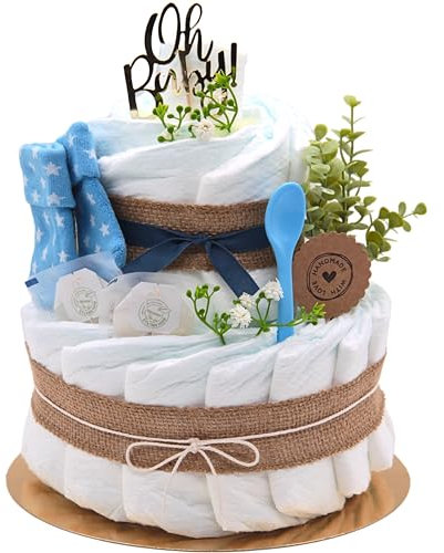 Trend Mama | Boho Windeltorte – 27 Windeln (Gr. 2), Babytee, Breilöffel, Babysocken – Jute-Look mit „Oh Baby“ Stecker –Handgemachtes Geschenk zur Geburt – Babyshower Geschenk Junge blau