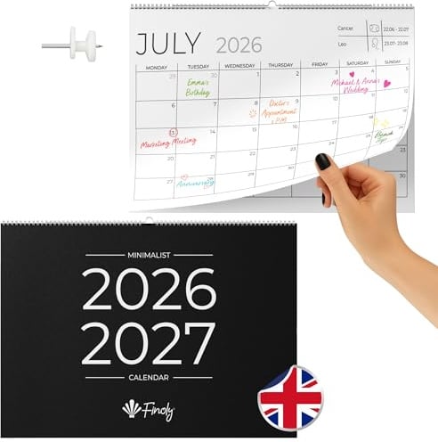 Finoly Wandkalender Englisch von Juli 2026 bis Dezember 2027 (18 Monate) | | Monatlicher Familienkalender zum Aufhängen an der Wand 2026