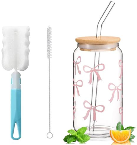 Exquilnova Vaso con pajita y tapa, taza de té de burbujas con pajita de cristal, café helado de 16 oz, vaso de matcha con diseño de arco, vasos de cola para café helado, cóctel (lazo rosa)