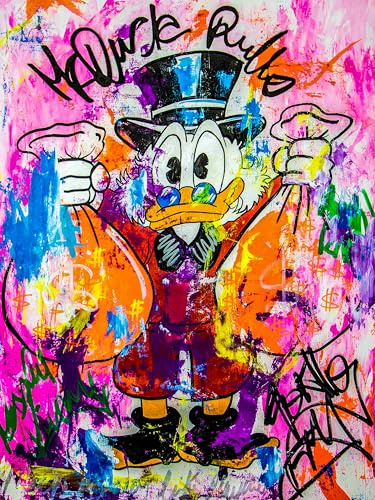 CanvasSoul Wandbild modern – Pop Art Kunstdruck | Wanddeko für Wohnzimmer & Büro | Dagobert Duck Geld | Hochwertige Leinwandbilder B8100 (Mehrfarbig, 40 x 60 cm, Bespannte Leinwand)
