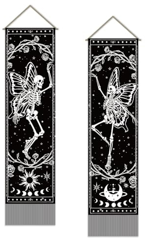 SUPERDANT 2 Stück Wandteppich Mit Tanzendem Totenkopf Wandbehang Totenkopf Schmetterling Wandkunst Wandbehang Mondphase Wanddecke Langer Wandteppiche Mit Quaste Für Wohnzimmer Schlafzimmer Dekor