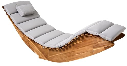 Beliani Outdoor Garden Patio Rocking Lounger Sunbed Light Acacia Wood Cushion Light Grey Brescia Ii, Brescia Premium