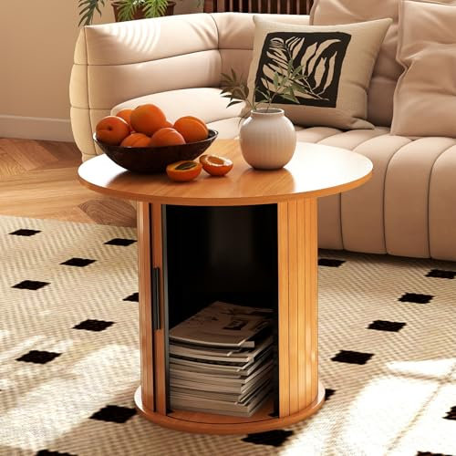 COSVALVE 60CM Round Circle Wood Coffee Table with Hidden Storage & Sliding Door, Farmhouse Side Table Sets for Living Room, Bedroom, Balcony, Small Spaces, Natural