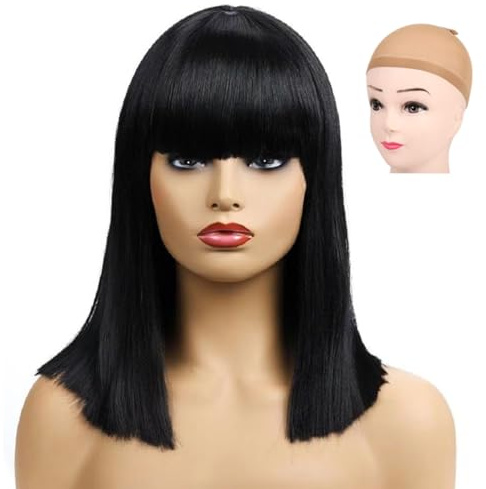 GWAWG Lange schwarze Perücke und Haarnetz, Kunsthaar, lang, mit Pony, hitzebeständig, Perücken für Alltag, Party, Cosplay, Kostümpartys