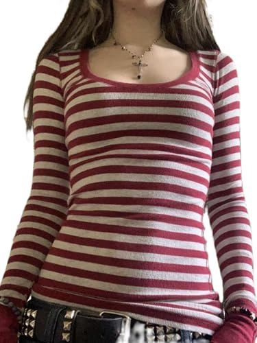 Women Y2k Striped Long Sleeve Shirt Fairy Grunge Tops V Neck Slim Fit Henley Shirts Vintage Aesthetic Gothic Tees