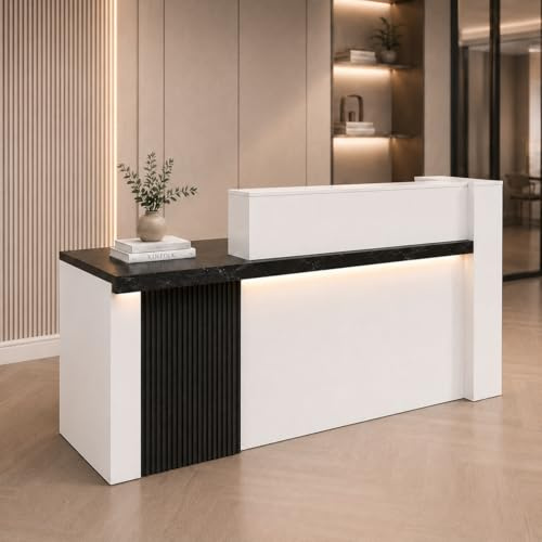 71/180cm Modern Reception Desk with Drawers, Open Shelves, Keyboard Tray | LED Lights, Large Front Desk Reception Counter, Shop Checkout Counter for Office, Salon, Clinic, Boutique, Studio