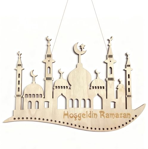 Scinzene Ramadan Kalender aus Holz – Wiederverwendbarer Ramadan Kalender zum Befüllen, 31 x 18 cm Moschee Aufhängung, DIY Ramadan Deko für Kinder & Familie