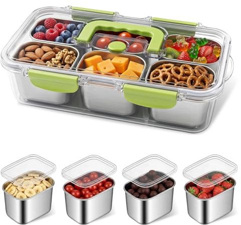 Baolivi Snack Box with 6 Removable Compartments, Divided Stainless Snack Trays with Lid, Portable Snack Box for Dishwasher, Reusable Snack Container for Fruit & Nuts