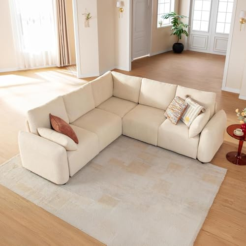 JINOVIA Modulares Ecksofa 245cm, modernes Cord-Schlafsofa in L-Form, 5 Sitzer individuell konfigurierbare Wohnlandschaft, hochdichter Memory-Schaum, abnehmbare & waschbare Kissenbezüge, Cremeweiß