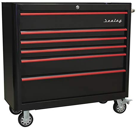 Sealey 6 Drawer Wide Retro/Vintage Style Rollcab/Tool Chest on Wheels - Black with Red Anodised Drawer Pulls AP41206BR