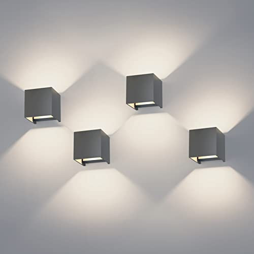K-Bright 4er Pack 12W LED Wandlampen, Auf und Ab Licht,Lichtstrahlverstellbar Wandleuchte IP65,4000K Natürliche weiße LED Außenwandleuchten für Wohnzimmer Schlafzimmer Balkon, Dunkelgrau