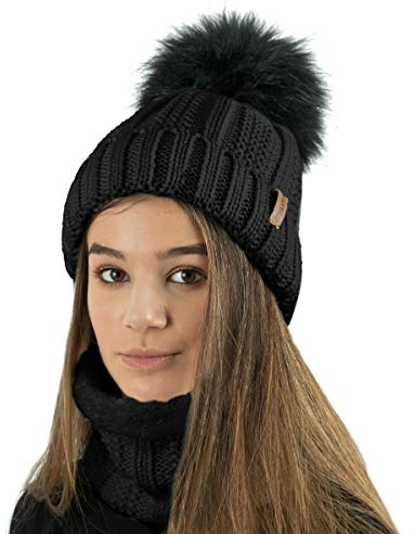 TOSKATOK Damen-Frauen Winter-Rib Perlmuster Beanie Bobble Hut mit Warm Cozy Fleece Liner & Große Kunstpelz mit Bommeln