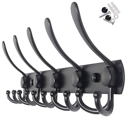 WEBI Coat Rack Wall Mounted Black,5 Tri Hooks for Hanging Coats,Wall Coat Hanger,Jacket Hanger,Wall Rack for Clothes,Backpack