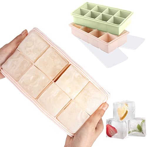 LessMo Moule à glaçons Carré, 2 Paquets de Moules à Glaçons XXL en Silicone avec Couvercle pour Whisky, Cocktails et Vin - Flexible, sans BPA et Approuvé par la FDA(Rose-vert)