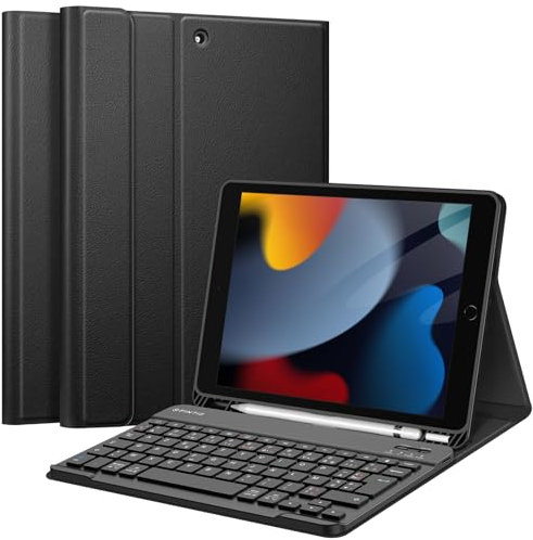FINTIE Clavier pour iPad 9ème Génération 2021/iPad 8 2020/iPad 7 2019 10.2 Pouces - Clavier AZERTY sans Fil Bluetooth, Coque Arrière Souple Housse avec Rangement de Stylet, Noir