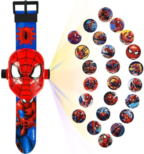 Spiderman 24 Superhero Figurines Projector Watch, Spider-Man Boy’s Electronic Watch, Spiderman Projection Toys, Red