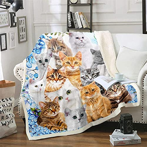 Katze Flanell Fleecedecke Karikatur Kätzchen Kuscheldecke Wärme Lustige Katzen Tier Decke 150x200cm für Katzenliebhaber Rasse Collage Haustier Jahrgang Dekor Wohndecke für Schlafsofa Couch