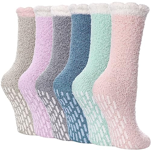 FNOVCO Non Slip Socks for Women Winter Warm Cozy Fuzzy Slipper Socks Soft Fluffy Hospital Socks with Grips (6 Pairs Cute)