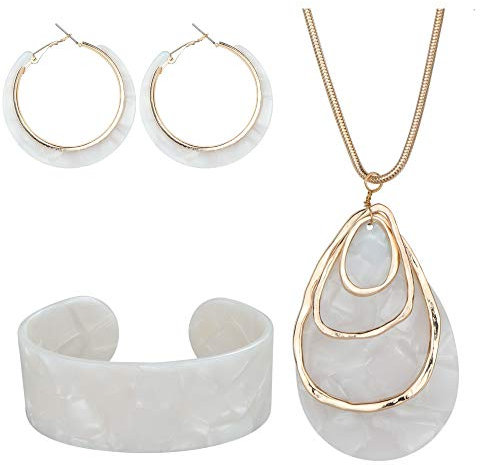 Kakonia Acryl-Schmuckset für Frauen Statement Boho Harz Ohrringe Halskette Armband Weiß Stil-C