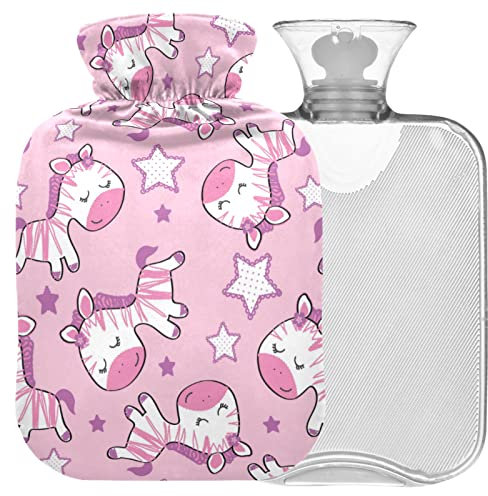 Naanle Pferd Zebra Wärmflasche mit Bezug Transparente Tasche Warmwasserflasche 1L Wärmflasche für Bett Handfüße Wärmer Schmerzlinderung Wärme- und Kältetherapie