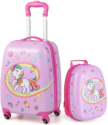 DREAMADE Valise Enfant 16 et Sac à Dos 12 avec Bandoulière Réglable Bagage à Main avec 4 Roues Universelles,Poignée Télescopique,Valise Portable Coloré Fille et Garçon(Licorne+Arc-en-Ciel)