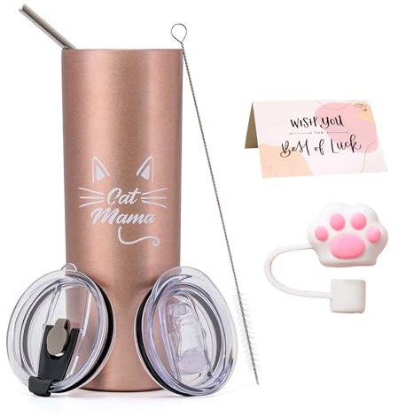 Cat Mom Geschenk Becher für Frauen,Katzenmama Geschenkbecher zum Muttertag,Geburtstag,Reisebecher für Katzenliebhaber, 20 Oz Doppelwandig Tumbler Trinkbecher,Camping Becher mit Strohhalm und Deckel